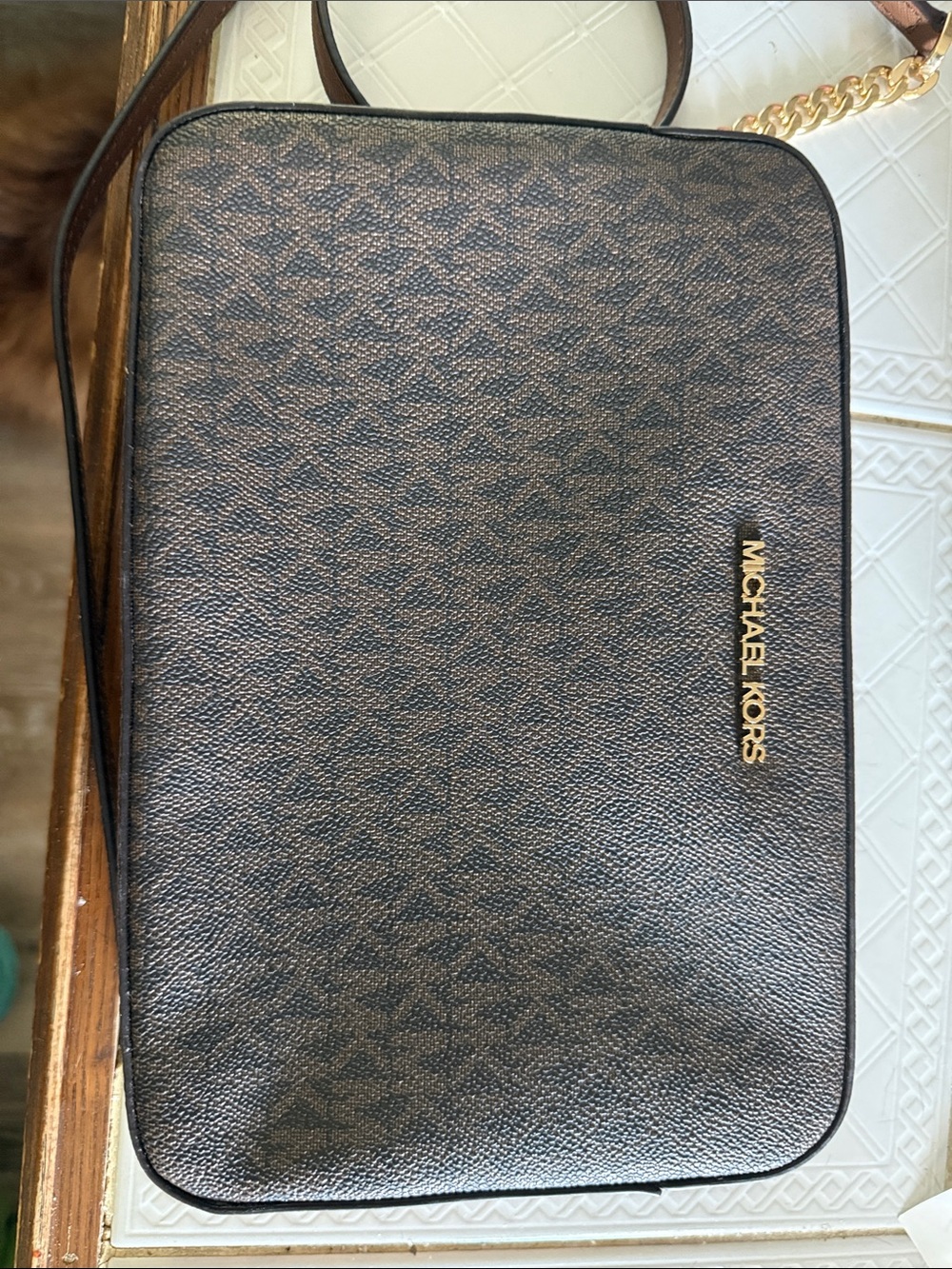 Michael Kors Brown Logo-Print Men’s Belt/Crossbody Bag with Gold Hardware
